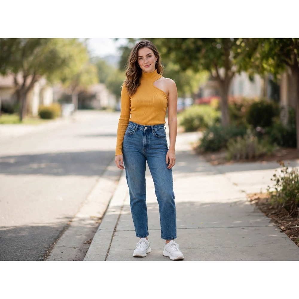 Dynamic Mustard YELLOW Ribbed Carved One Shoulder SEXY Turtleneck Top One SIZE